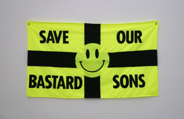 Flag with a smiling face and the words save our sons