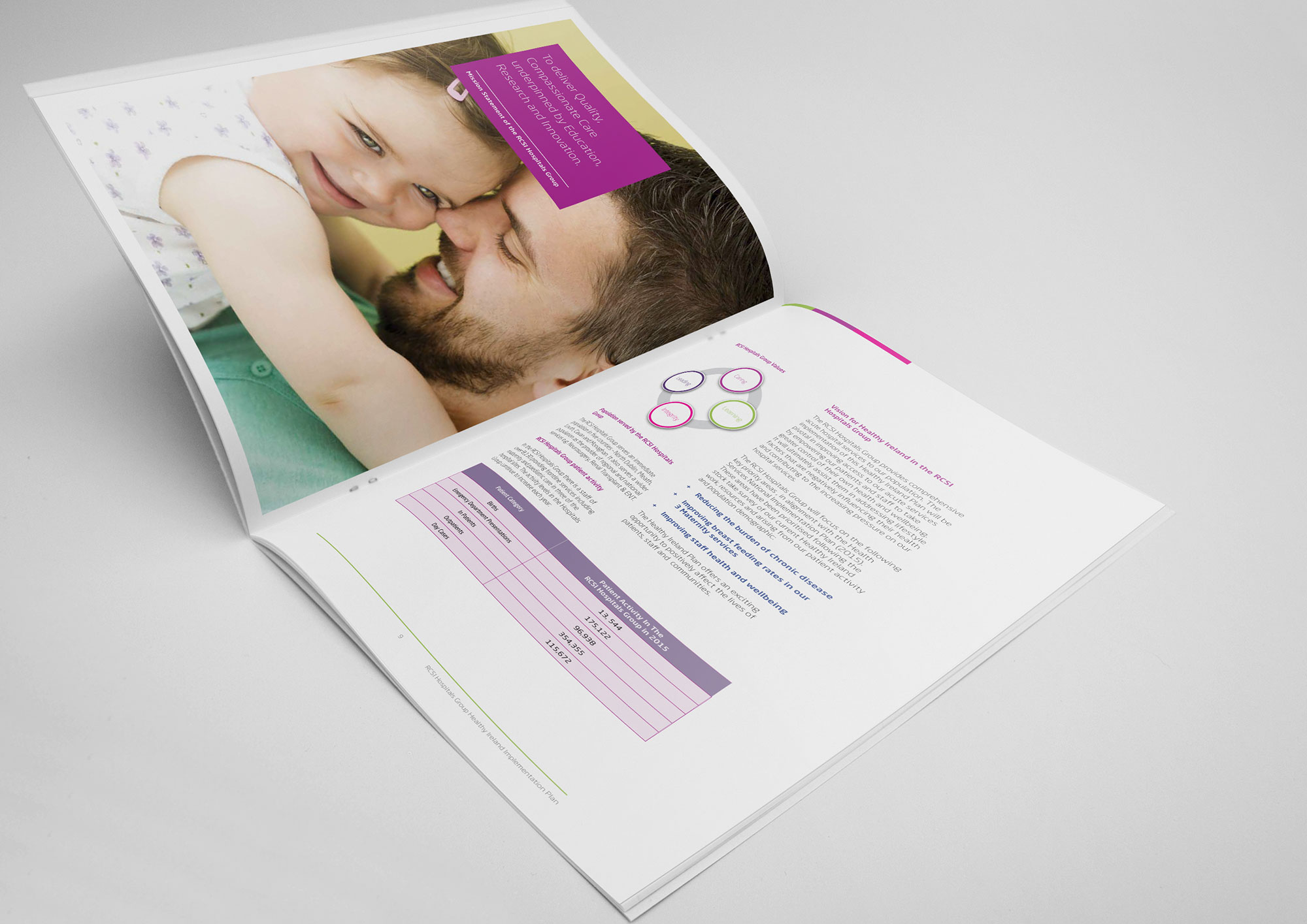 Sample double page spread design showing a father cuddling his daughter and text on the opposite page