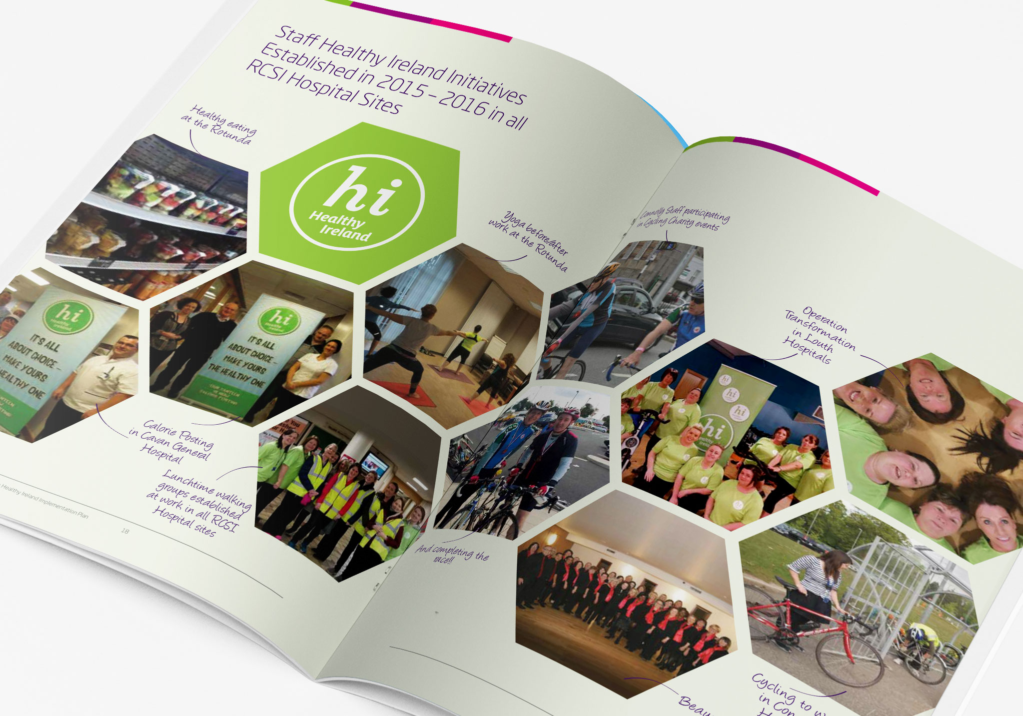 A spread showing multiple images from the Healthy Ireland initiatives