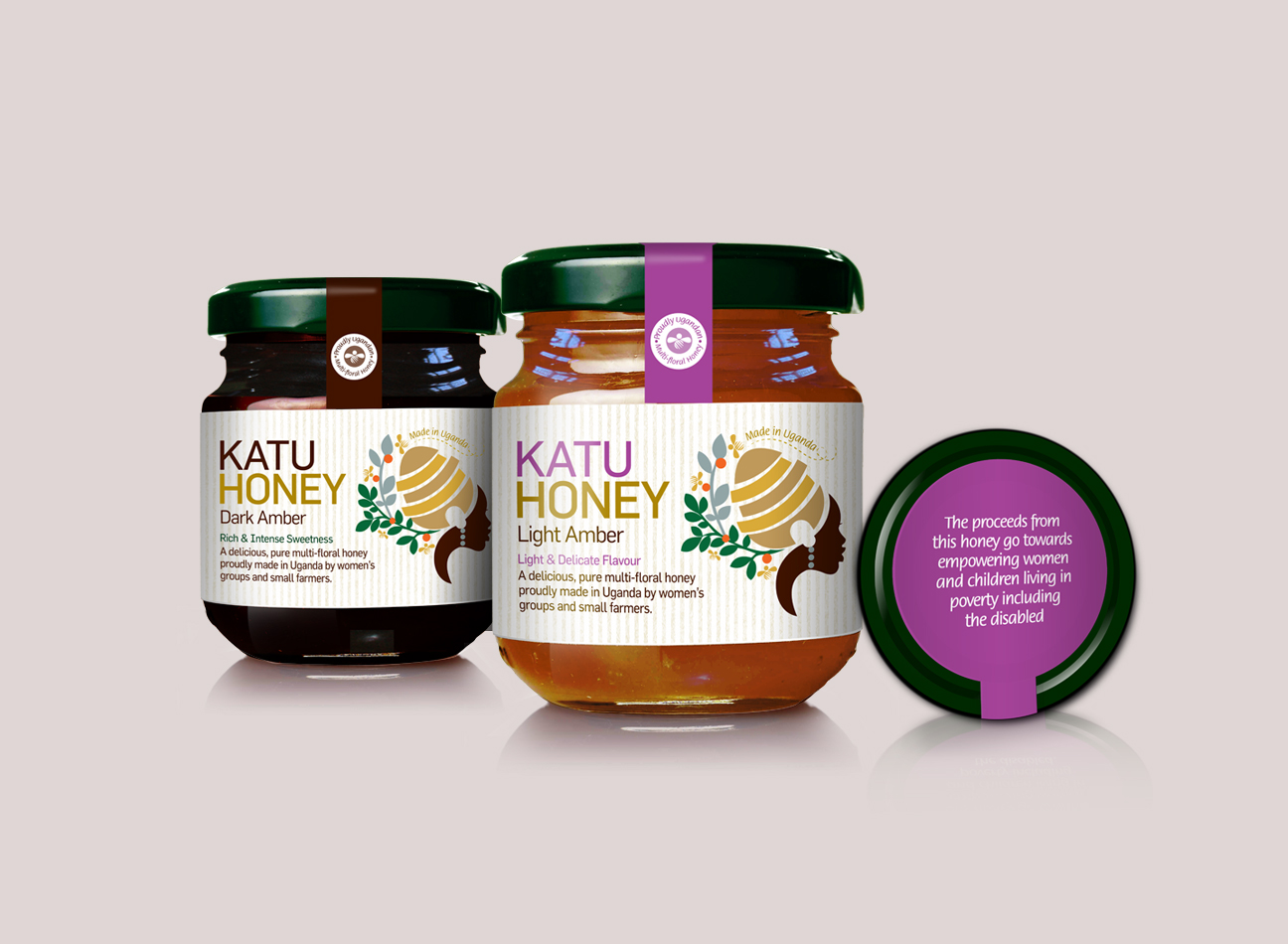 Two designs for honey packaging with the lid design on a taupe background colour
