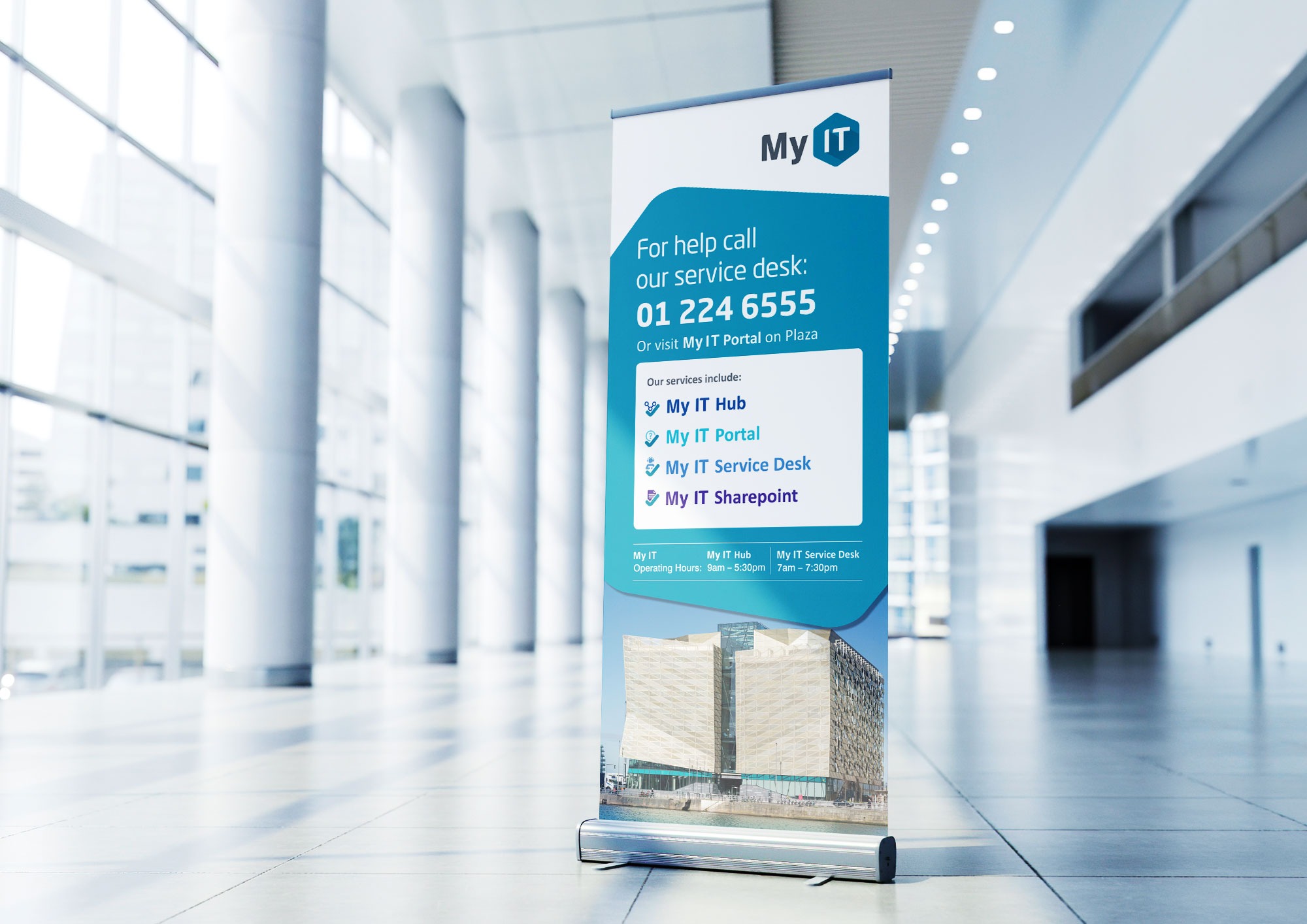 Pull up banner branding in an office lobby area