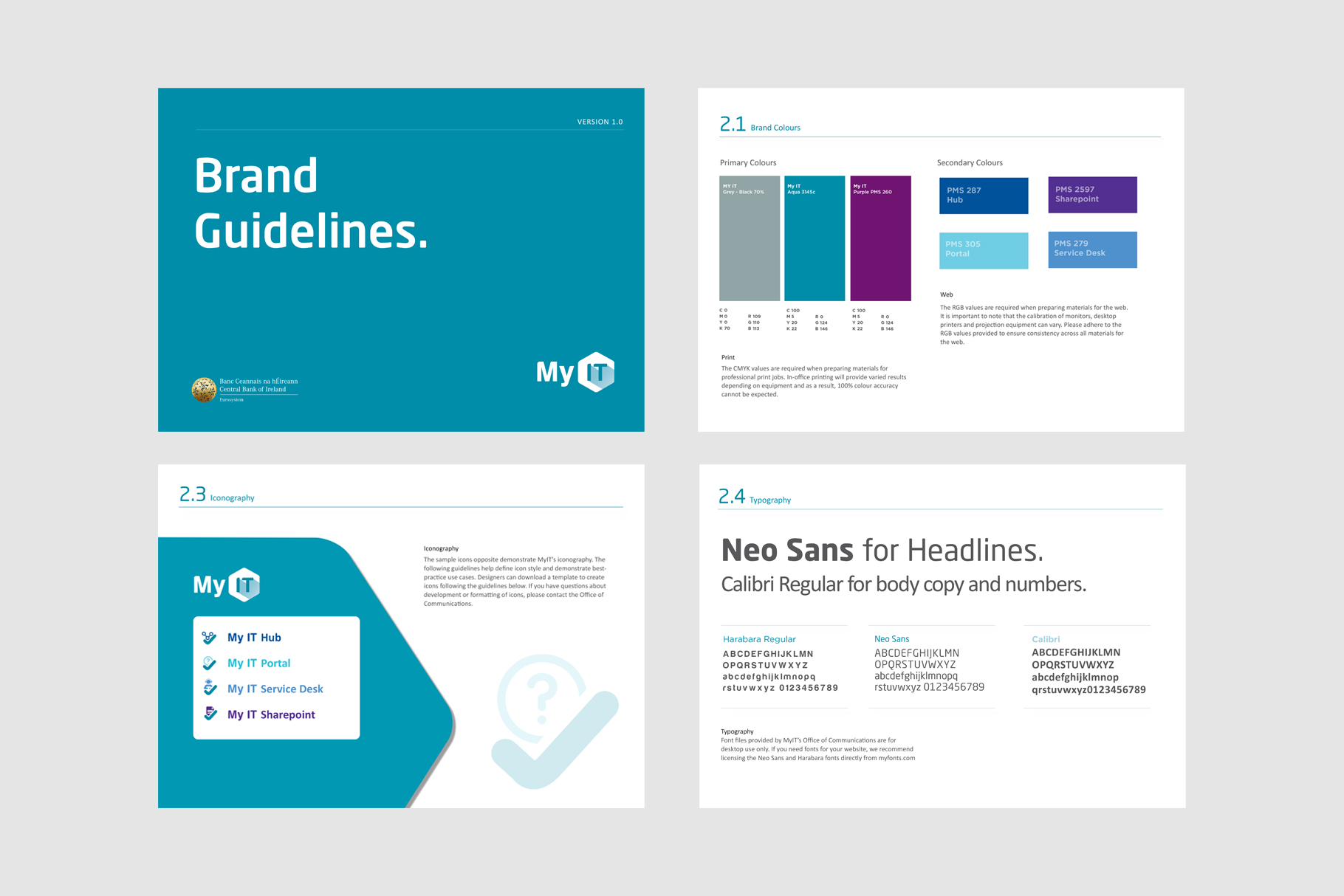 four pages from the My IT brand guidelines with colours, fonts and logo design types