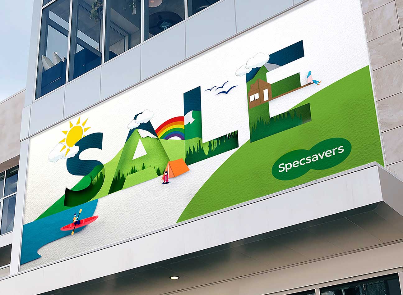 Large billboard with an illustration of the words sale