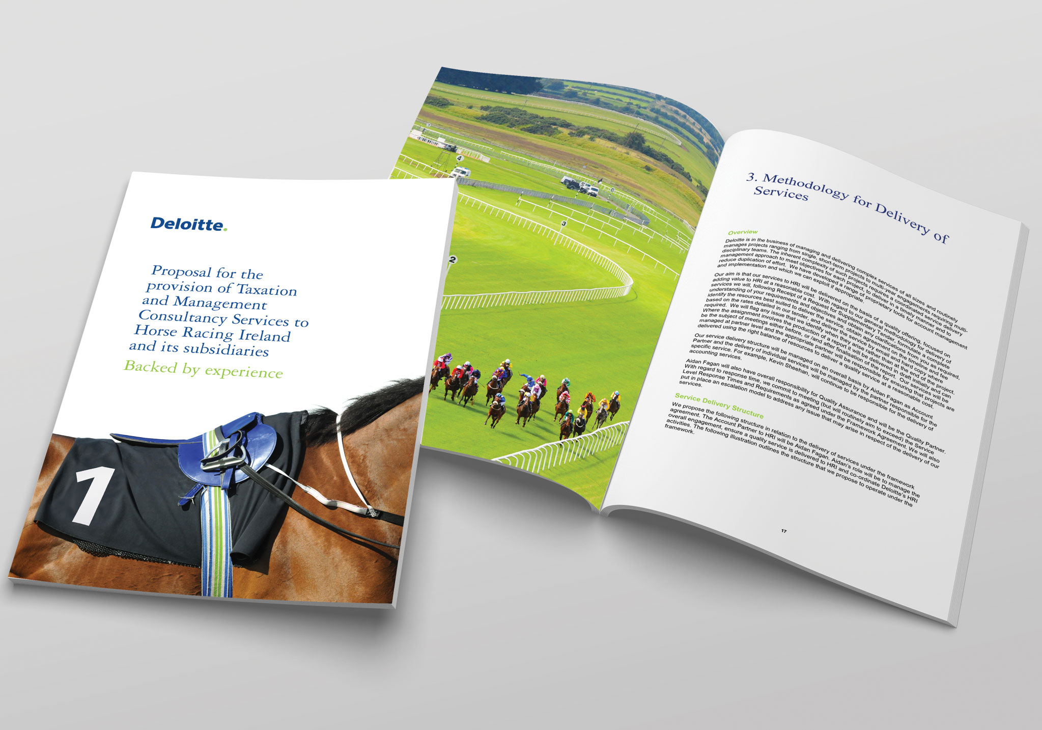 Image of the Deloitte Tender design cover and spread showing a picture of a racing horse
